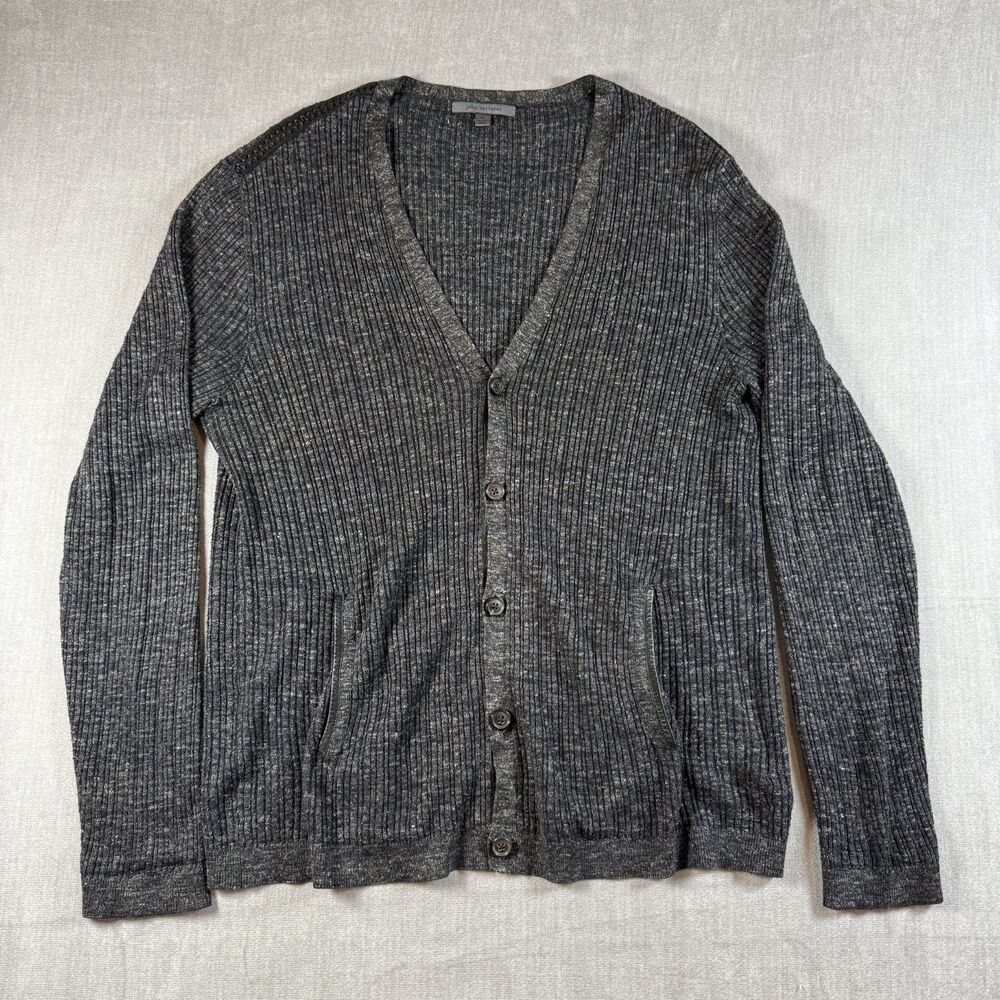 John Varvatos Collection Silk Linen Ribbed Cardigan Mens XL Gray Leather Trim